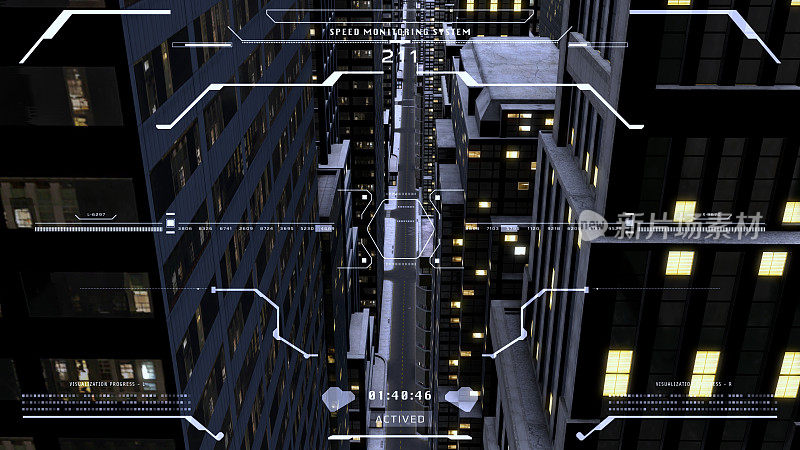 HUD未来的夜晚时间explorer 3d渲染摩天大楼屏幕